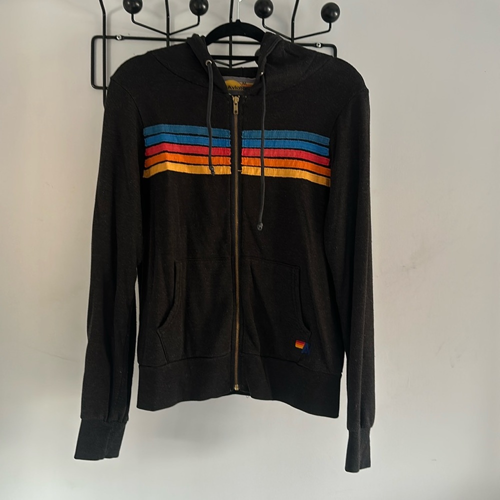 Aviator Nation Black Striped Zip Up Hoodie Women’s Medium * WORN*